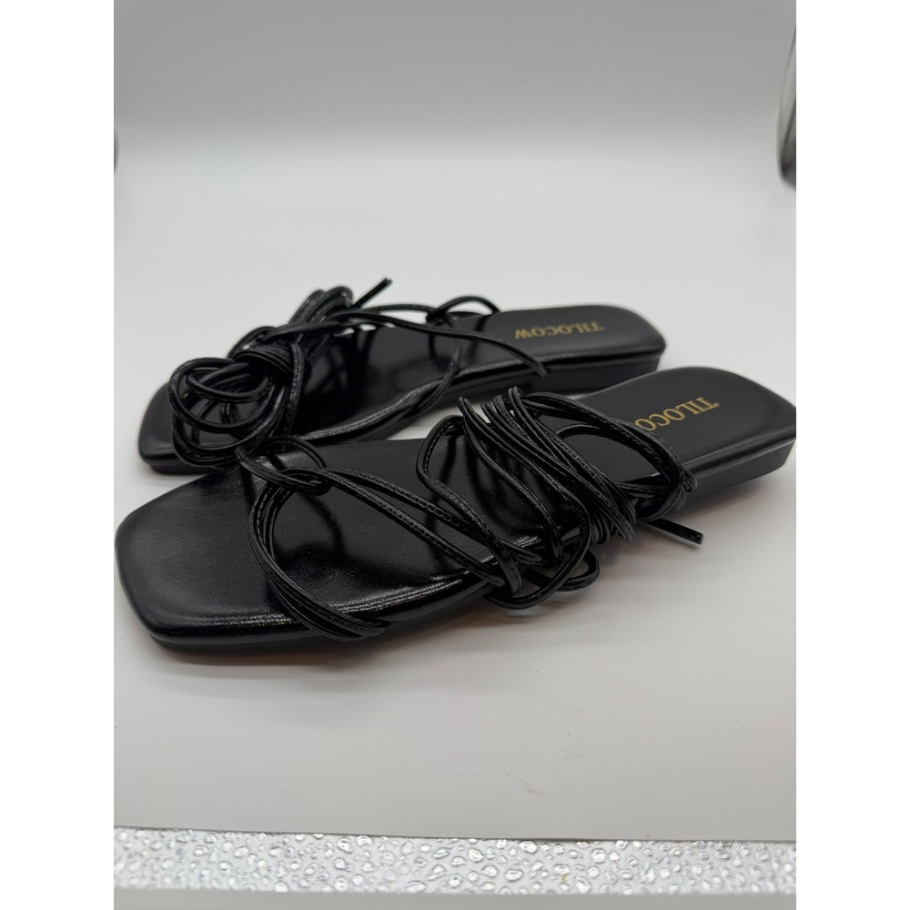 Tilocow Black Lace Up Sandals Square Toe Strappy Gladiator Flats Womens 7